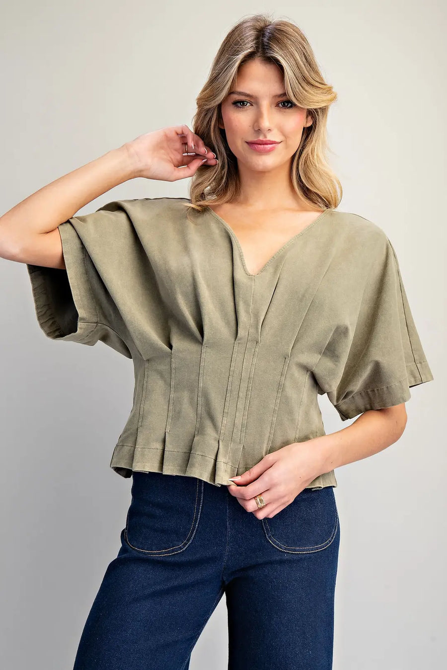 Aden Mineral Washed V-Neck Pleated Top