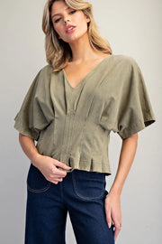 Aden Mineral Washed V-Neck Pleated Top
