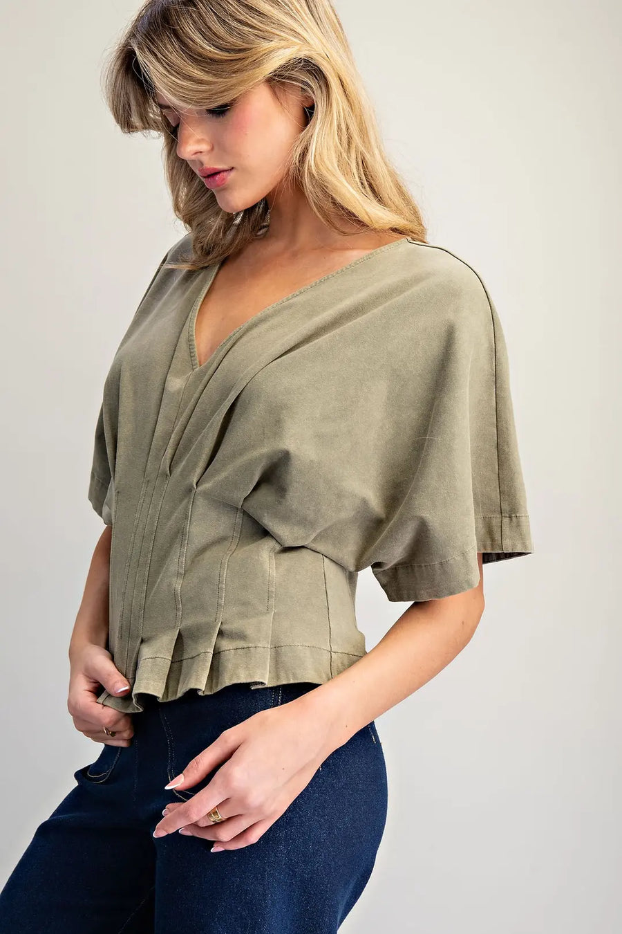 Aden Mineral Washed V-Neck Pleated Top