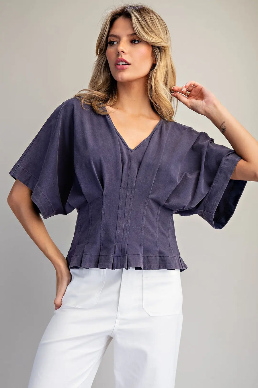 Aden Mineral Washed V-Neck Pleated Top
