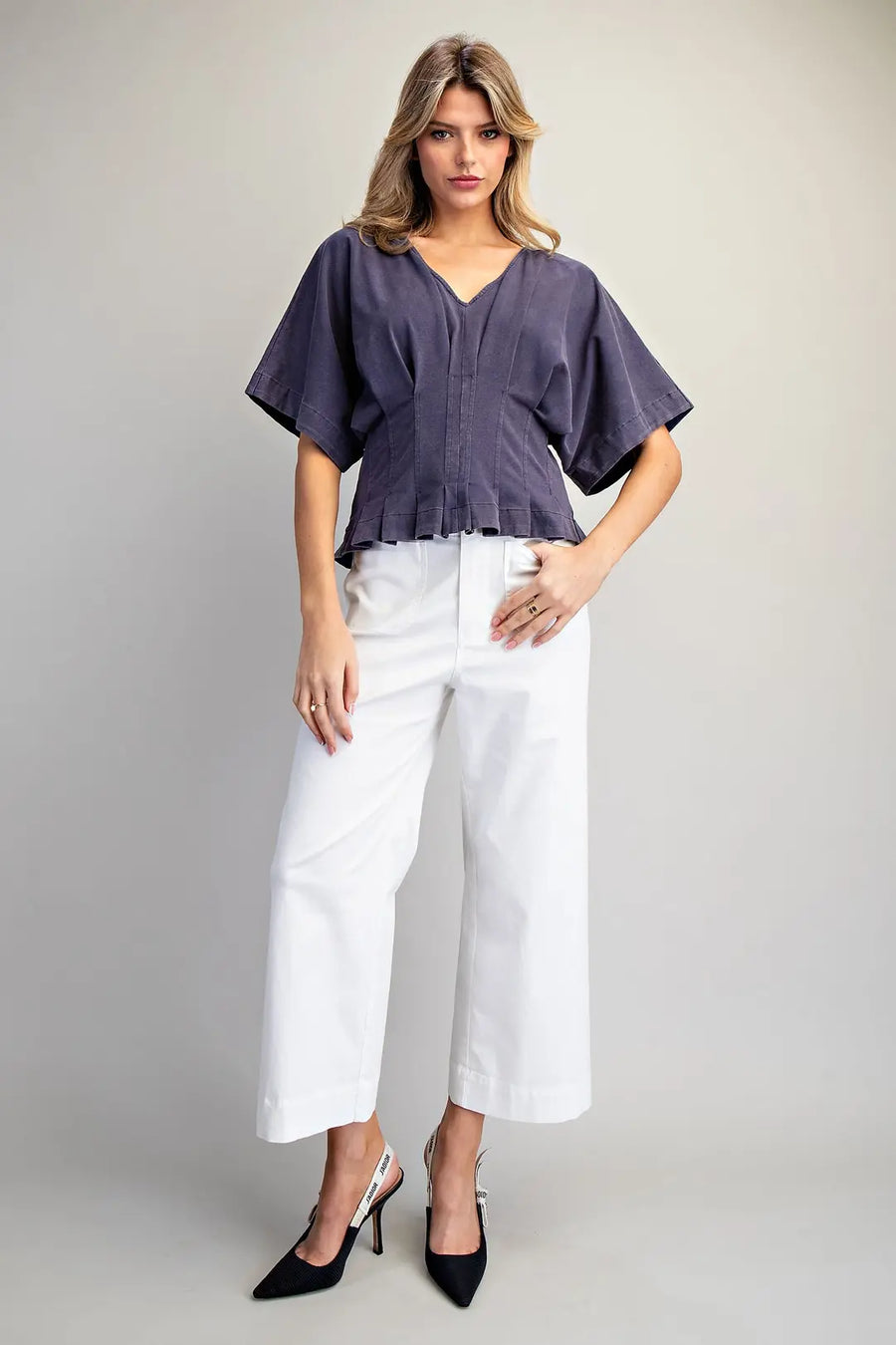 Aden Mineral Washed V-Neck Pleated Top