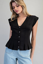Barbara Solid Pleated Button Down V-Neck Top with Pleated Waist