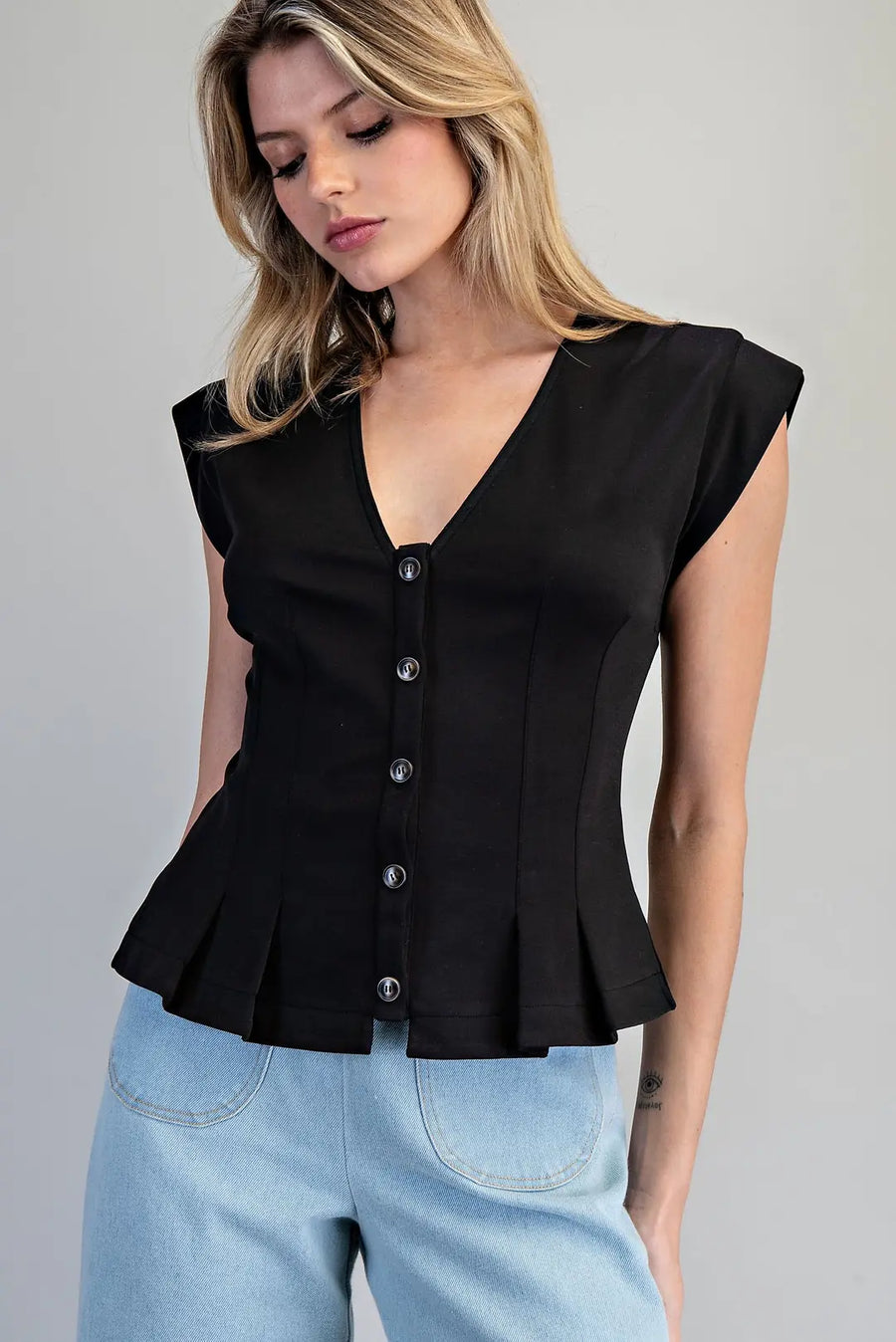 Barbara Solid Pleated Button Down V-Neck Top with Pleated Waist