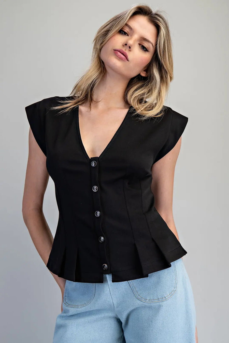 Barbara Solid Pleated Button Down V-Neck Top with Pleated Waist