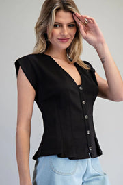 Barbara Solid Pleated Button Down V-Neck Top with Pleated Waist