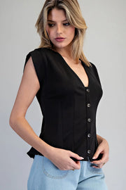 Barbara Solid Pleated Button Down V-Neck Top with Pleated Waist