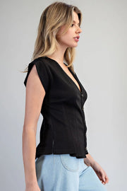 Barbara Solid Pleated Button Down V-Neck Top with Pleated Waist