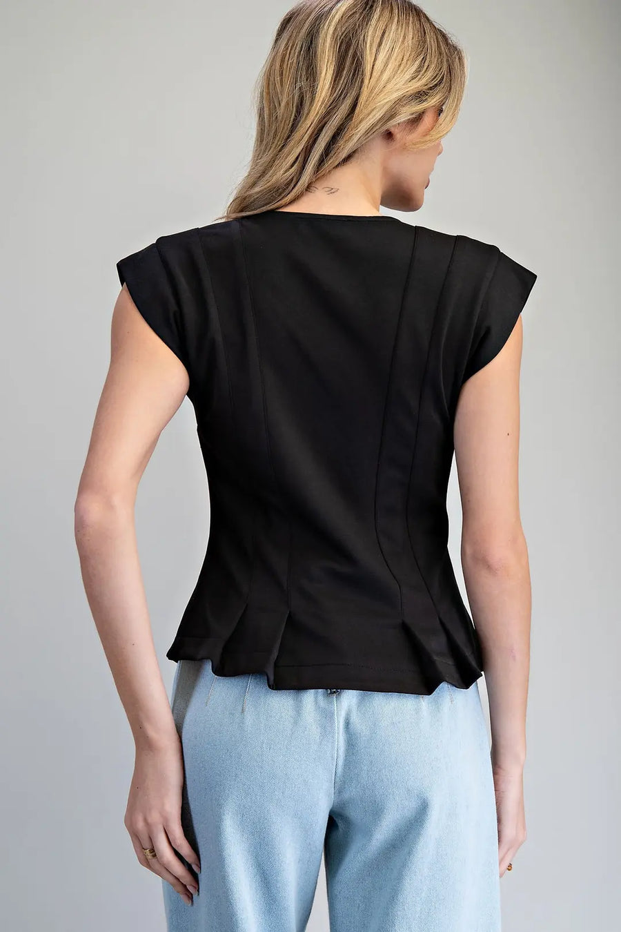 Barbara Solid Pleated Button Down V-Neck Top with Pleated Waist