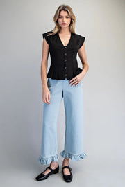 Barbara Solid Pleated Button Down V-Neck Top with Pleated Waist