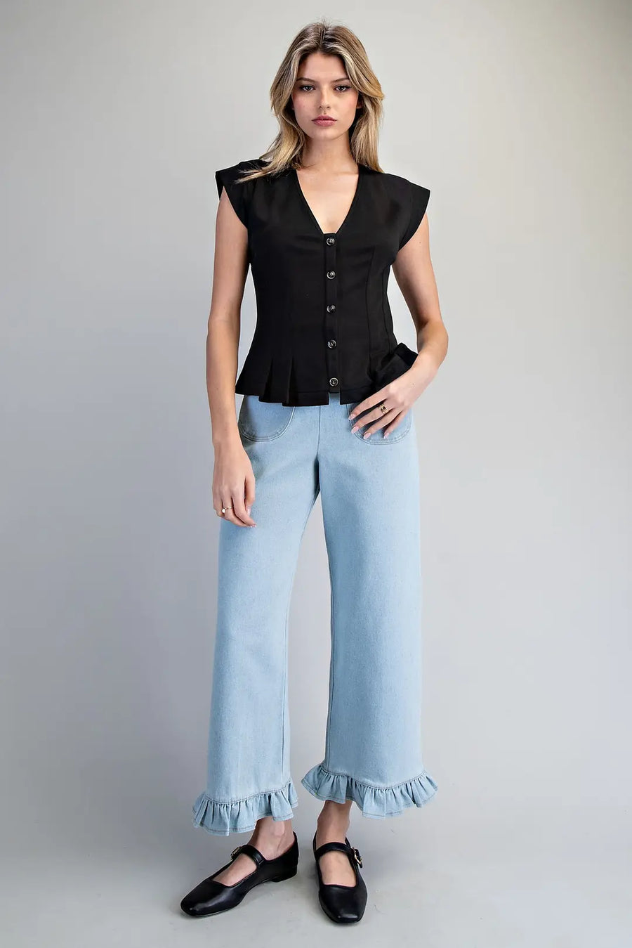 Barbara Solid Pleated Button Down V-Neck Top with Pleated Waist