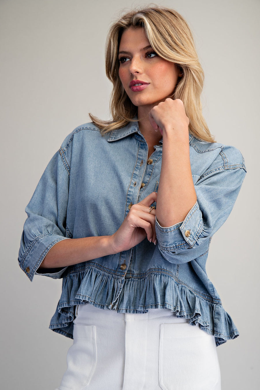Tamara Ruffle Hem Button Front Denim Top