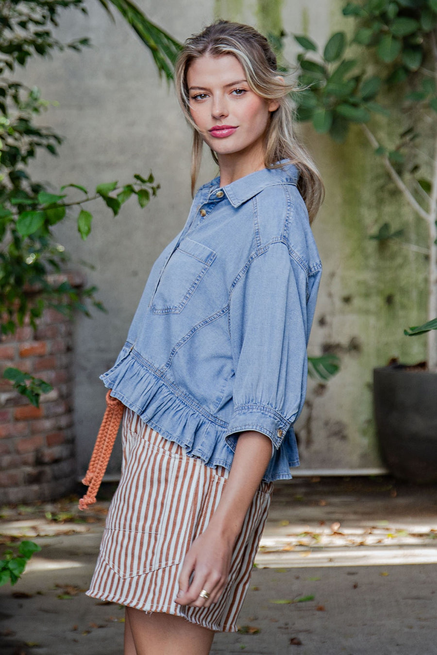 Tamara Ruffle Hem Button Front Denim Top