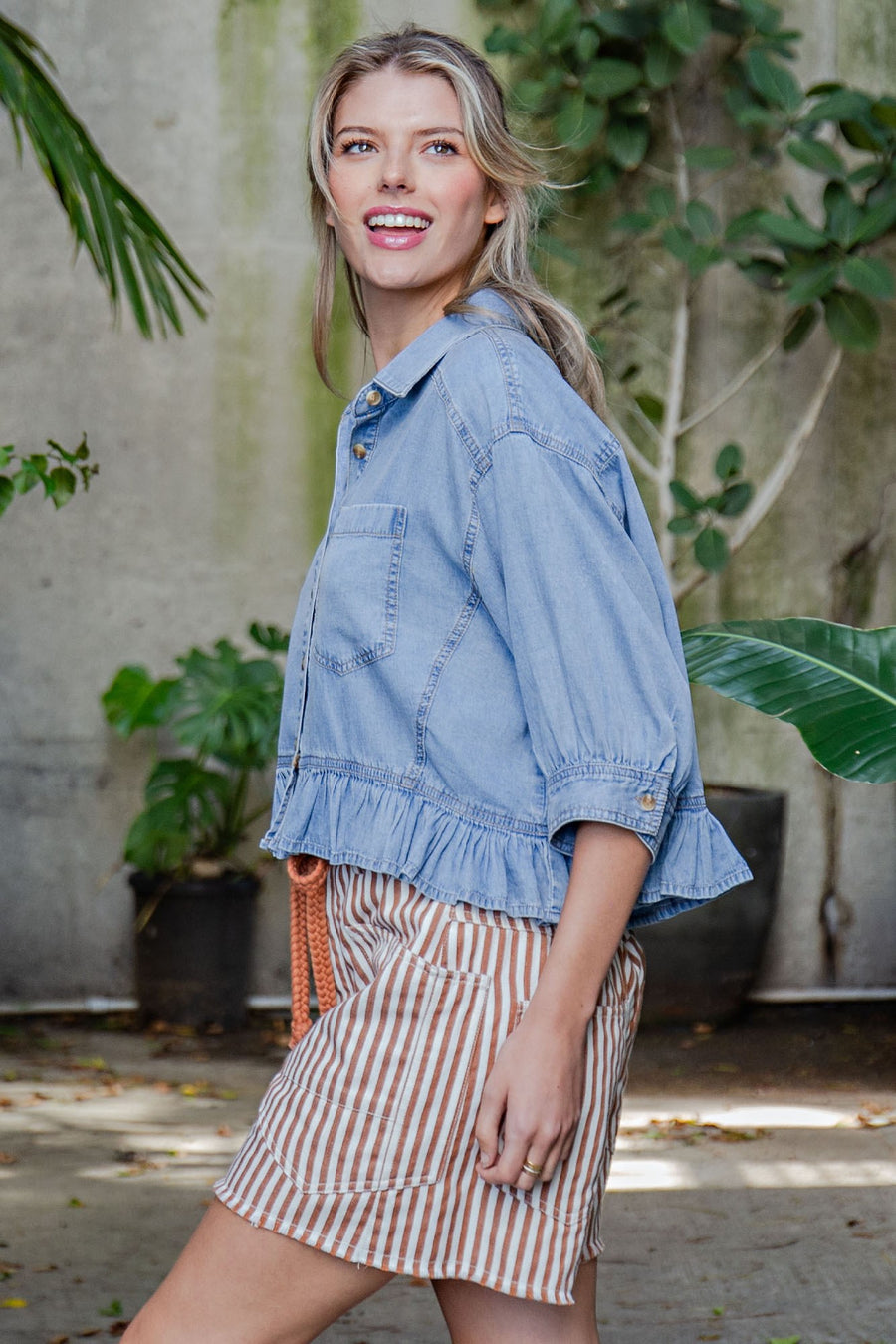 Tamara Ruffle Hem Button Front Denim Top