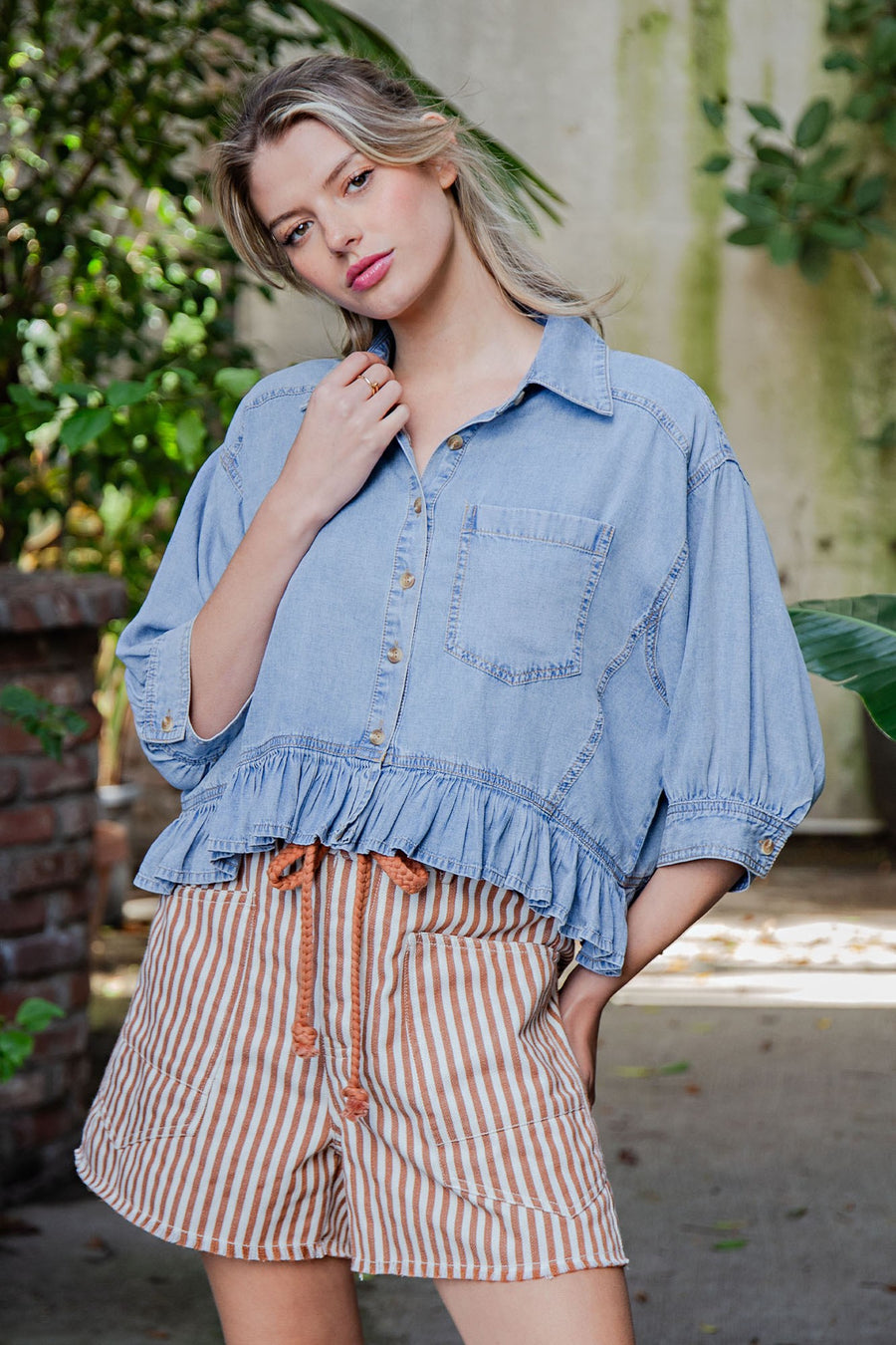 Tamara Ruffle Hem Button Front Denim Top