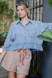 Tamara Ruffle Hem Button Front Denim Top