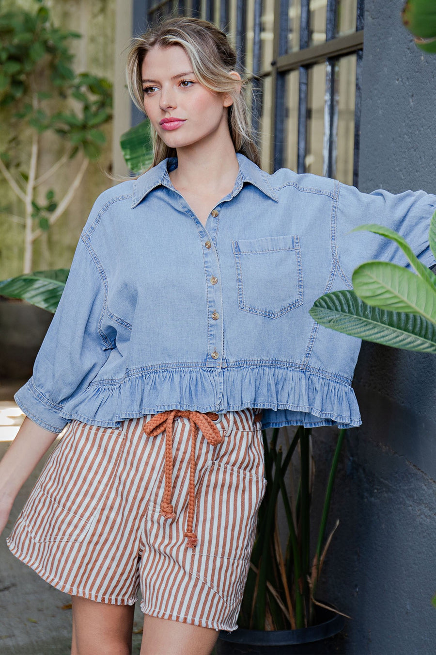 Tamara Ruffle Hem Button Front Denim Top