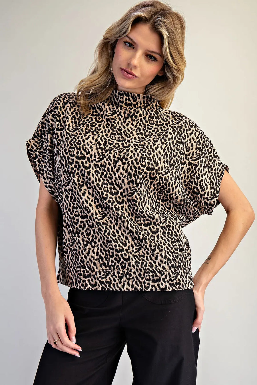Varali Leopard Print Mock Neck Dolman Sleeve Top