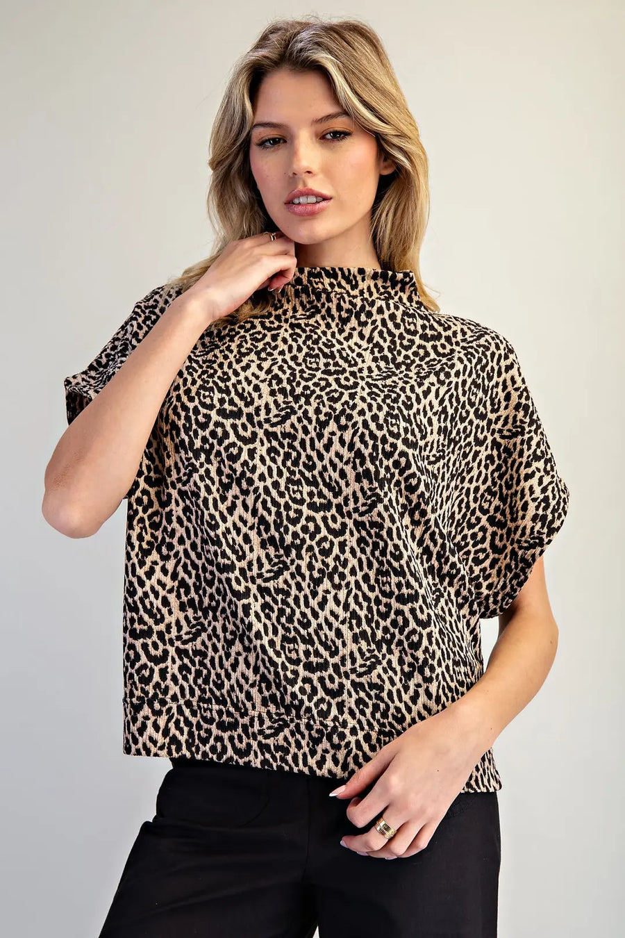 Varali Leopard Print Mock Neck Dolman Sleeve Top