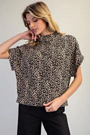 Varali Leopard Print Mock Neck Dolman Sleeve Top