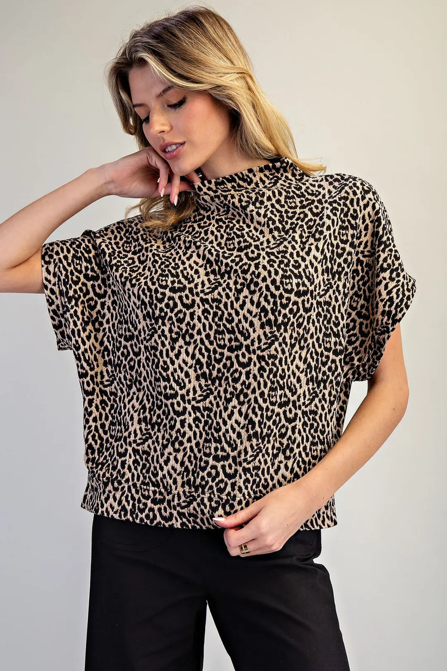 Varali Leopard Print Mock Neck Dolman Sleeve Top
