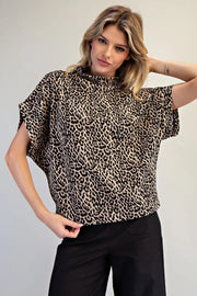 Varali Leopard Print Mock Neck Dolman Sleeve Top