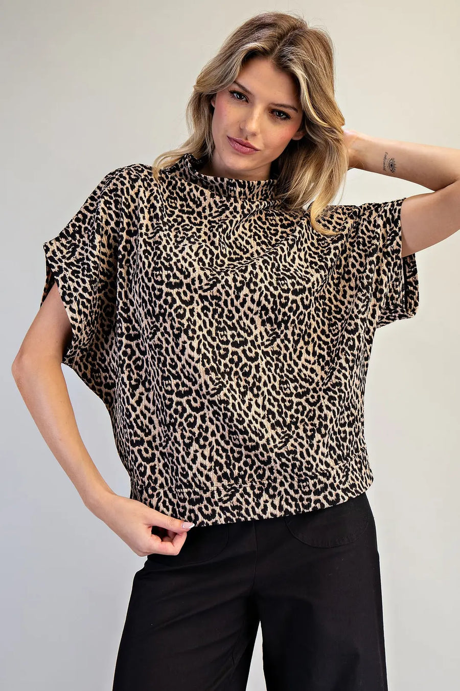 Varali Leopard Print Mock Neck Dolman Sleeve Top