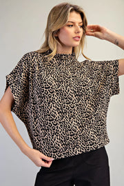 Varali Leopard Print Mock Neck Dolman Sleeve Top