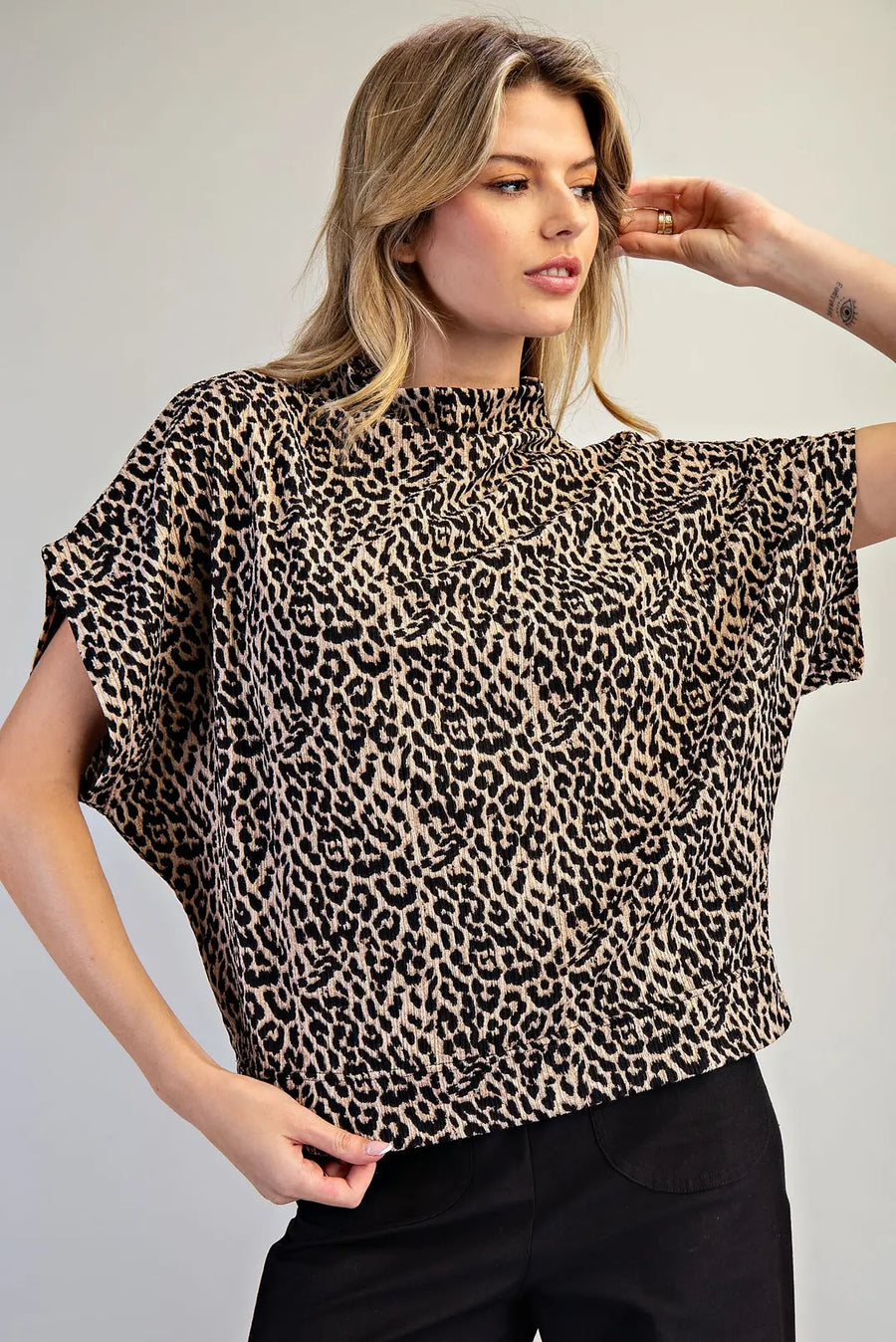 Varali Leopard Print Mock Neck Dolman Sleeve Top
