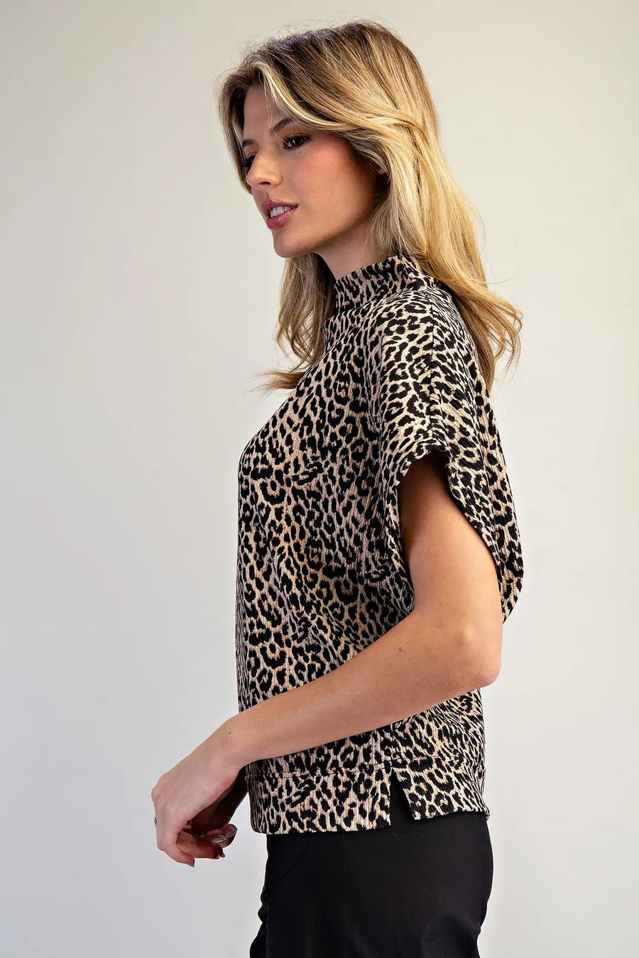 Varali Leopard Print Mock Neck Dolman Sleeve Top