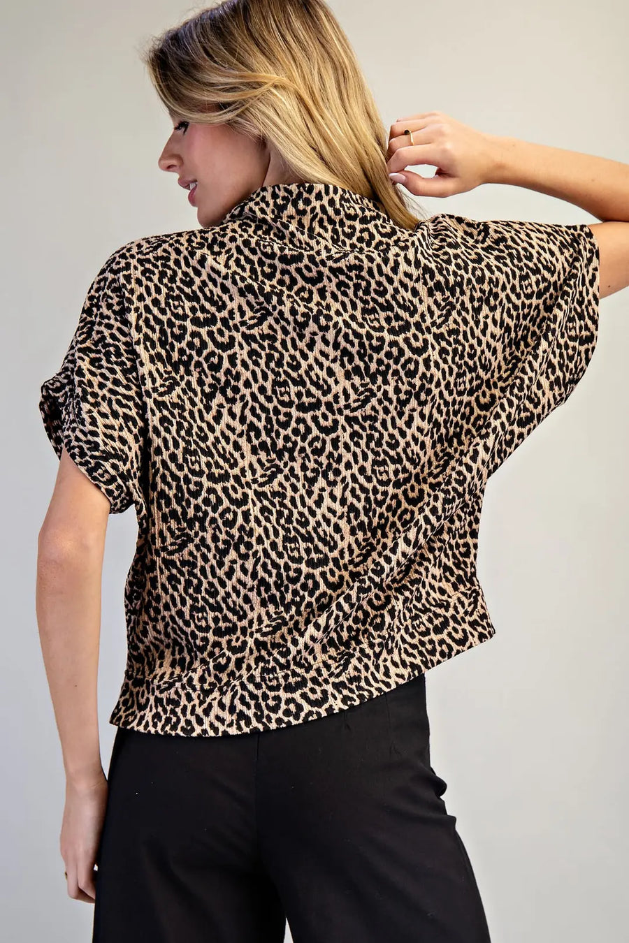Varali Leopard Print Mock Neck Dolman Sleeve Top
