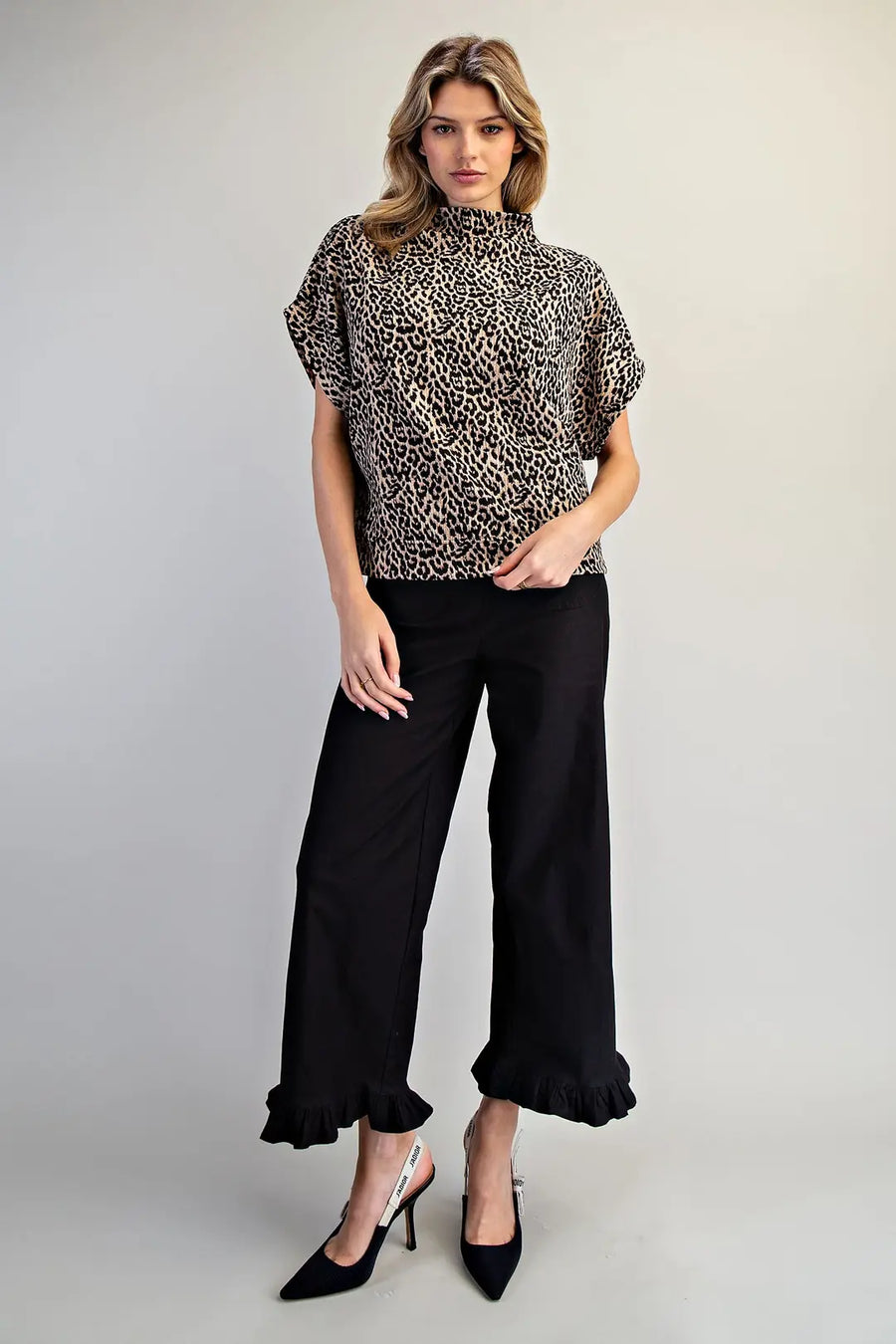 Varali Leopard Print Mock Neck Dolman Sleeve Top