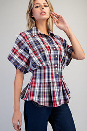 All American Girl Plaid Button Down Pleated Short Sleeve Blouse
