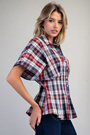 All American Girl Plaid Button Down Pleated Short Sleeve Blouse