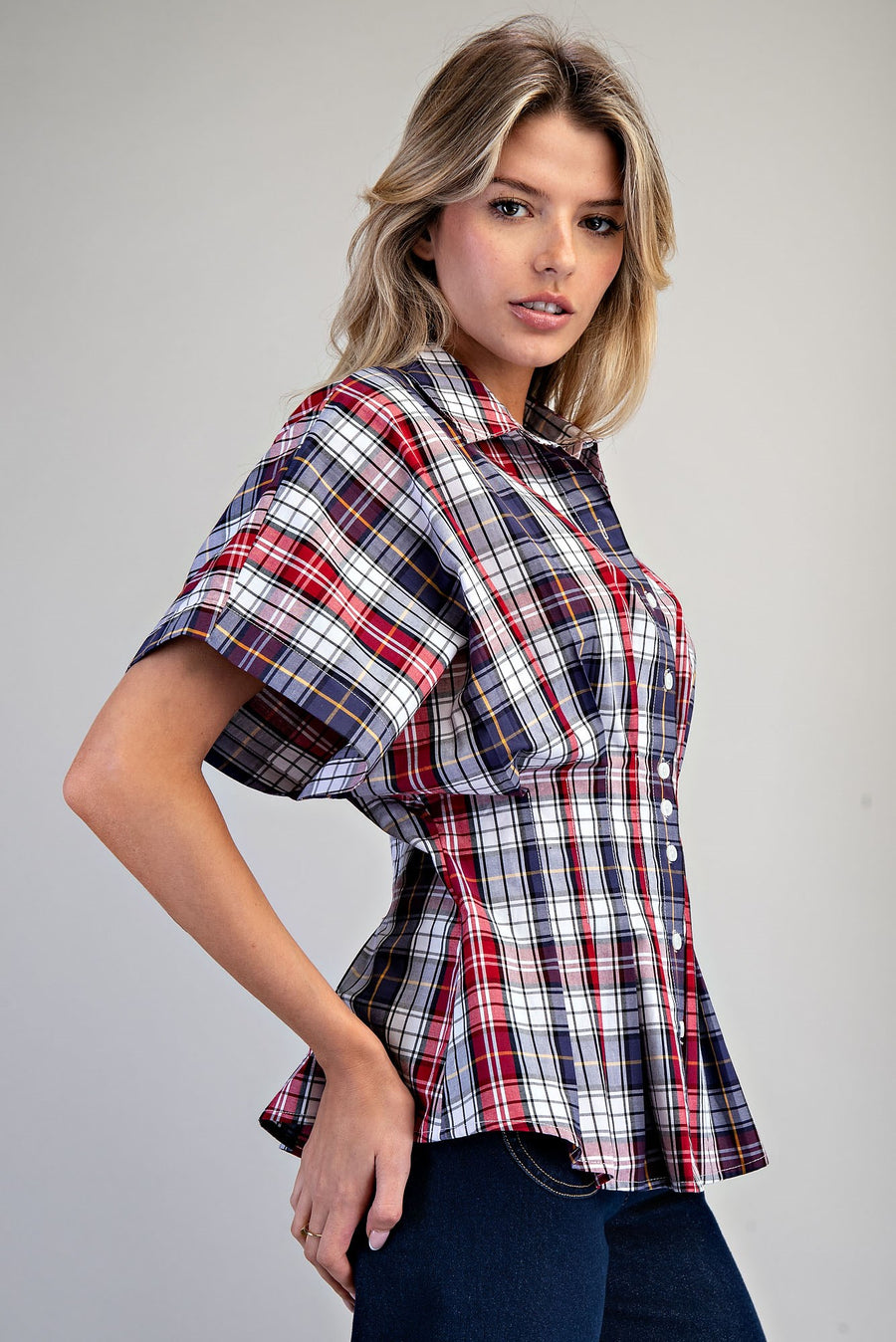 All American Girl Plaid Button Down Pleated Short Sleeve Blouse