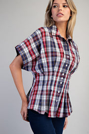 All American Girl Plaid Button Down Pleated Short Sleeve Blouse
