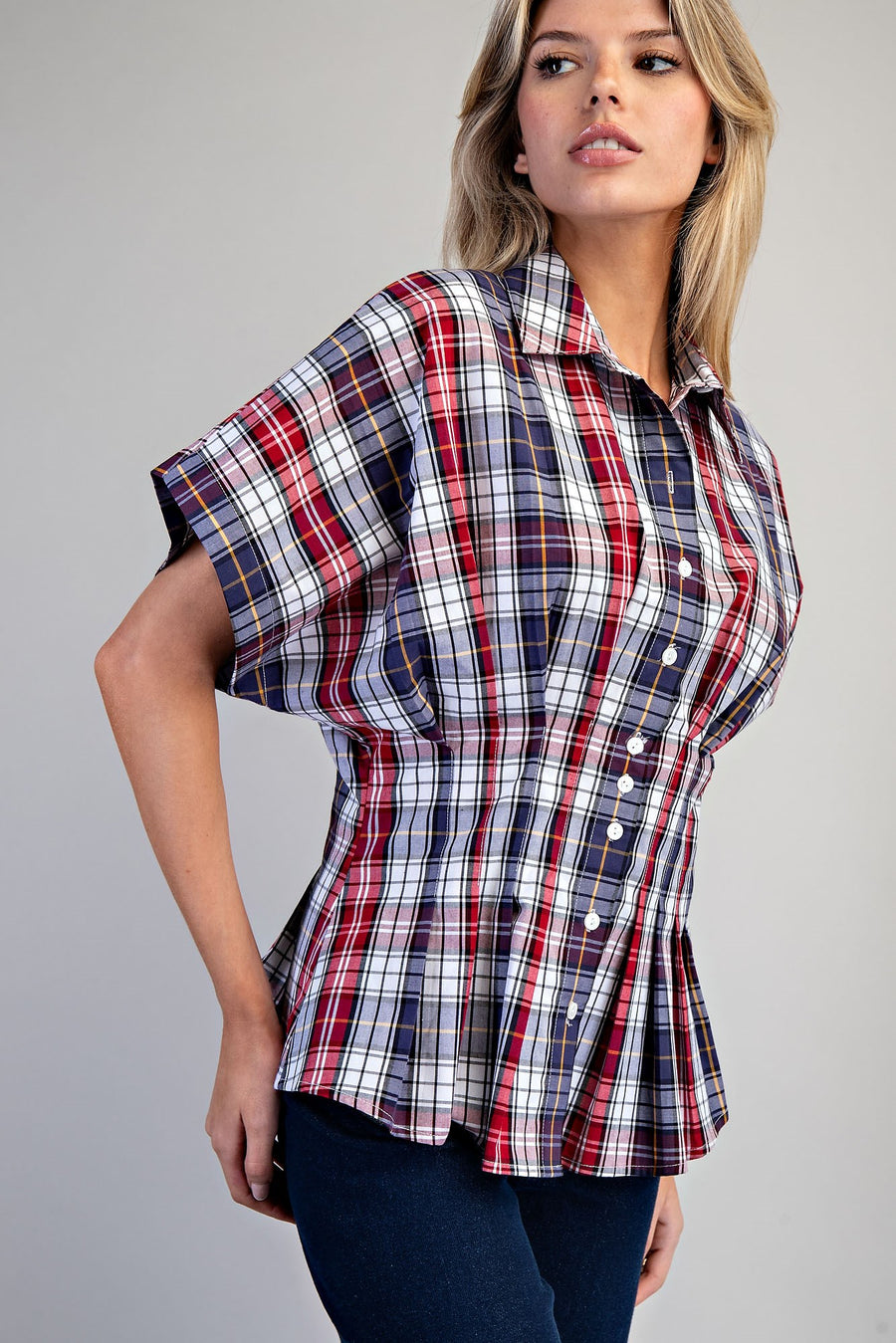 All American Girl Plaid Button Down Pleated Short Sleeve Blouse
