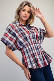 All American Girl Plaid Button Down Pleated Short Sleeve Blouse