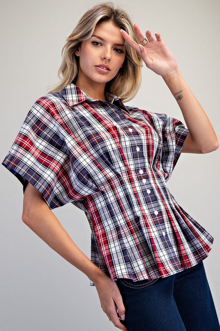 All American Girl Plaid Button Down Pleated Short Sleeve Blouse