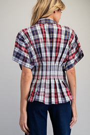 All American Girl Plaid Button Down Pleated Short Sleeve Blouse