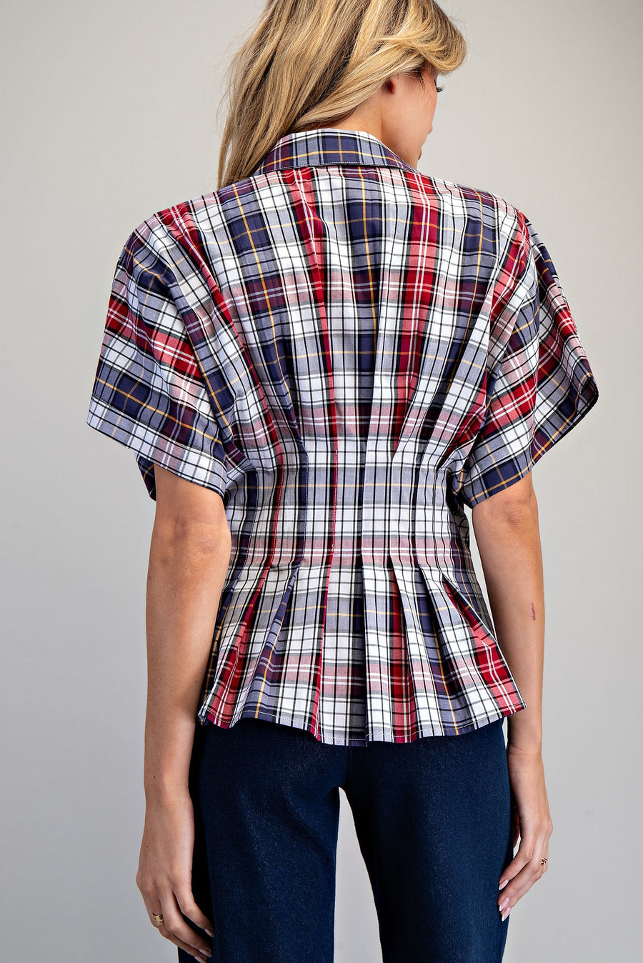 All American Girl Plaid Button Down Pleated Short Sleeve Blouse