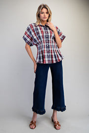 All American Girl Plaid Button Down Pleated Short Sleeve Blouse