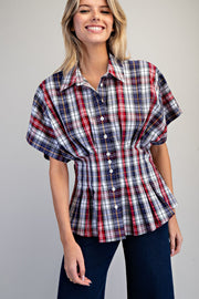 All American Girl Plaid Button Down Pleated Short Sleeve Blouse