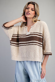 Julian Bold Center Striped Notched Neck Crop Sweater