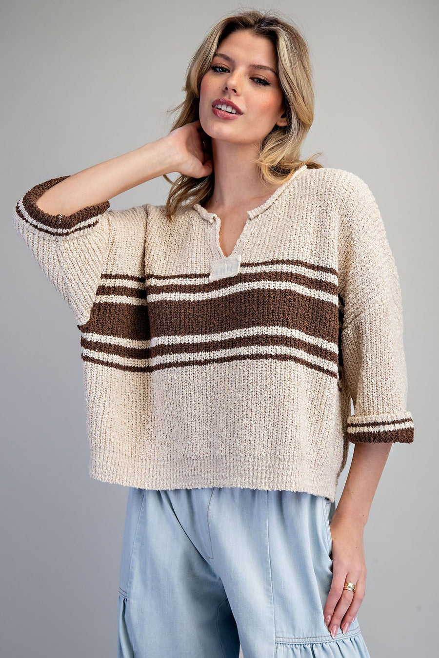 Julian Bold Center Striped Notched Neck Crop Sweater