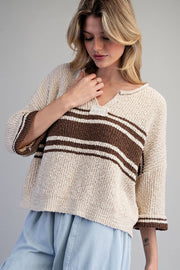 Julian Bold Center Striped Notched Neck Crop Sweater