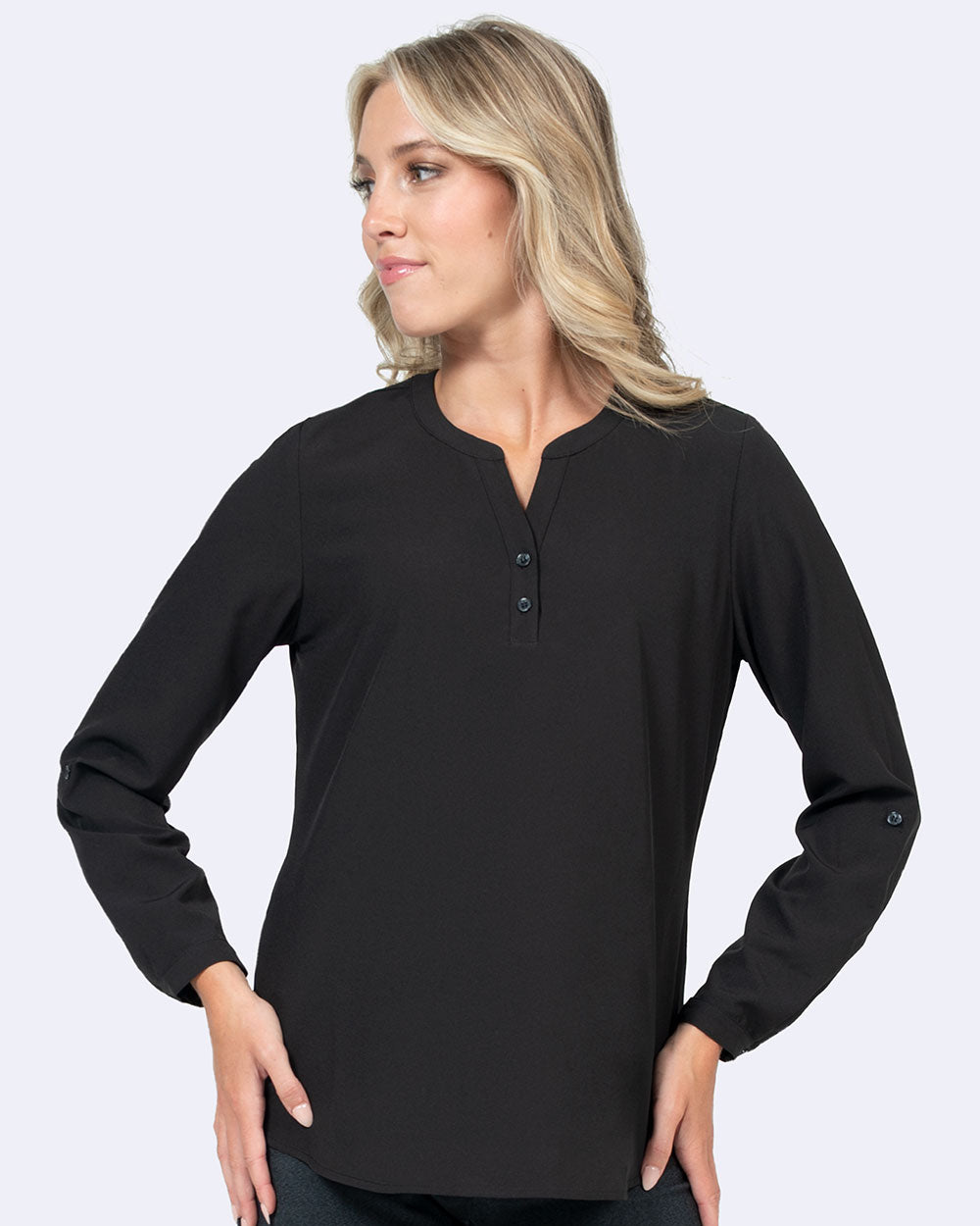 Kalie Notch Button Neckline Stretch Blouse with Long or 3/4 Roll Sleeves Blouse Top