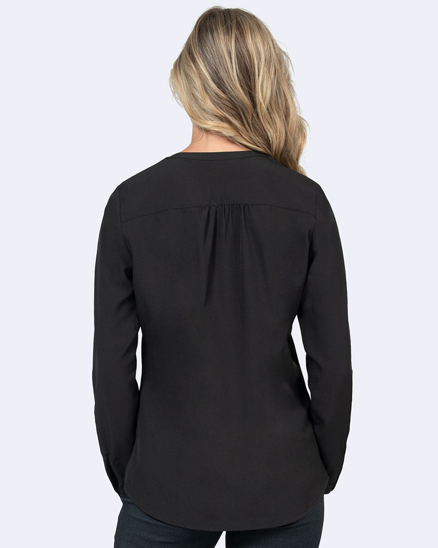 Kalie Notch Button Neckline Stretch Blouse with Long or 3/4 Roll Sleeves Blouse Top