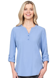 Kalie Notch Button Neckline Stretch Blouse with Long or 3/4 Roll Sleeves Blouse Top