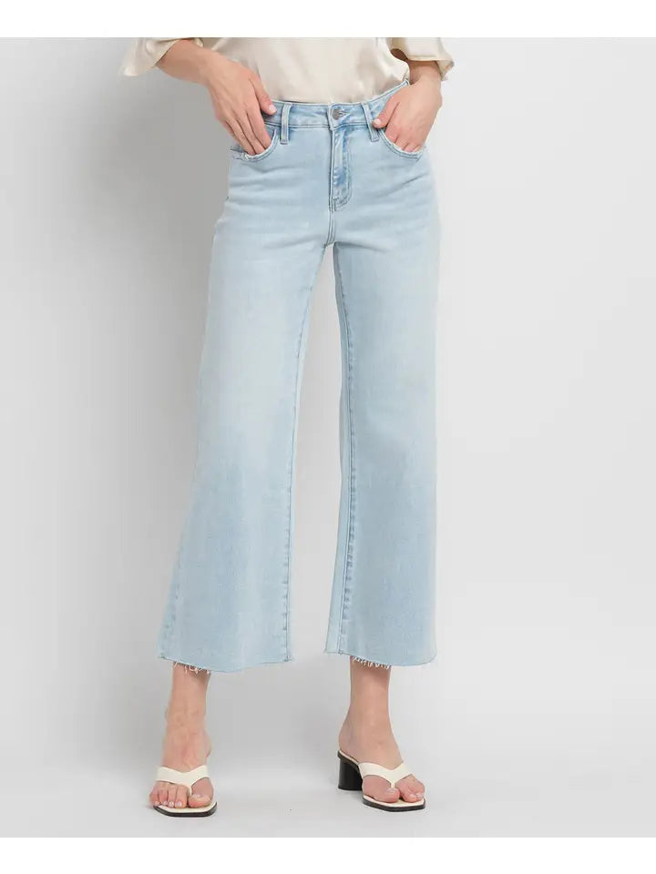 Fame High Rise Wide Leg Light Denim Cropped Length Jeans with Raw Cut Hem