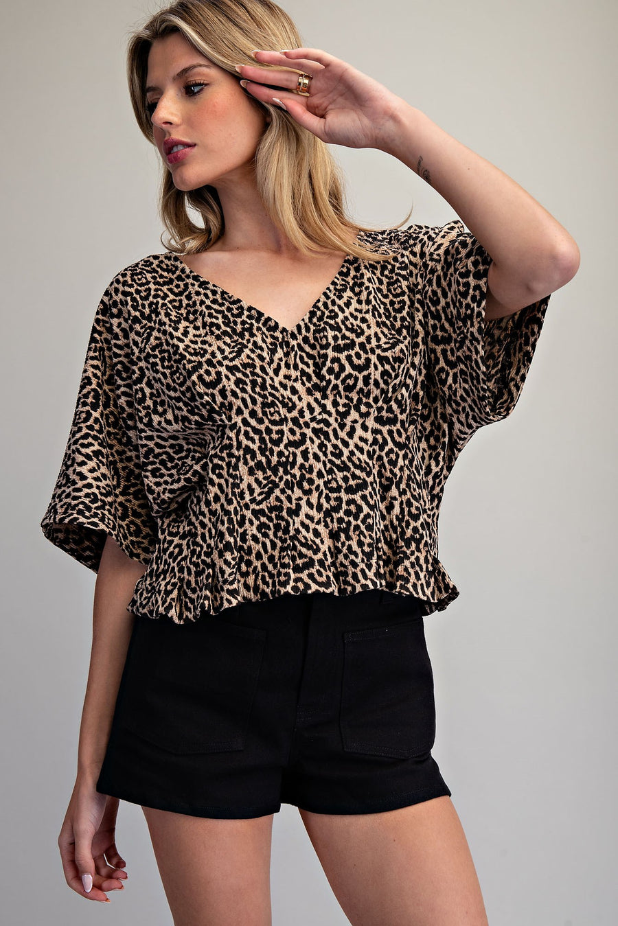 Aden Leopard Print V-Neck Pleated Top